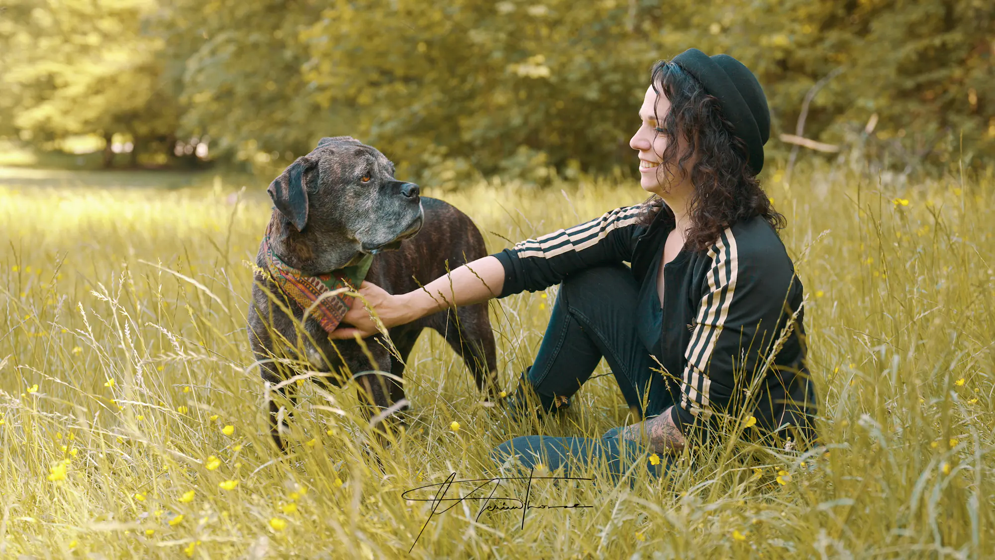 câlin dans l'herbe avec cane corso et sa maîtresse